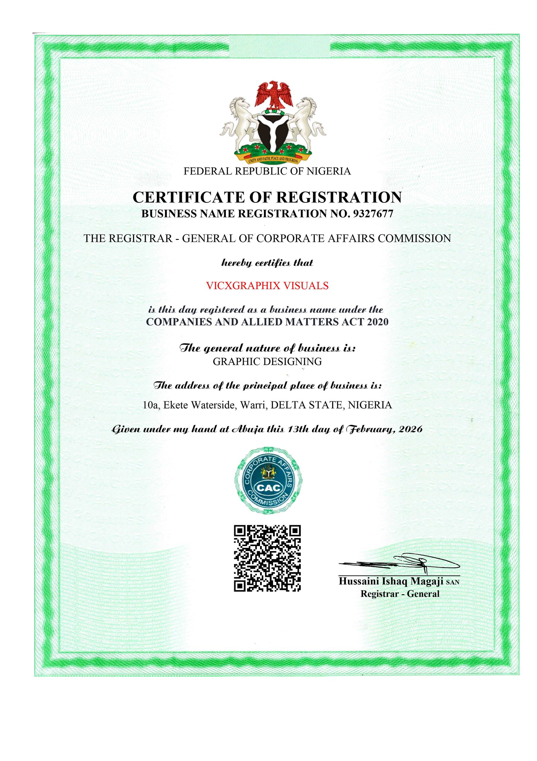 Federal Republic of Nigeria Certificate of Registration