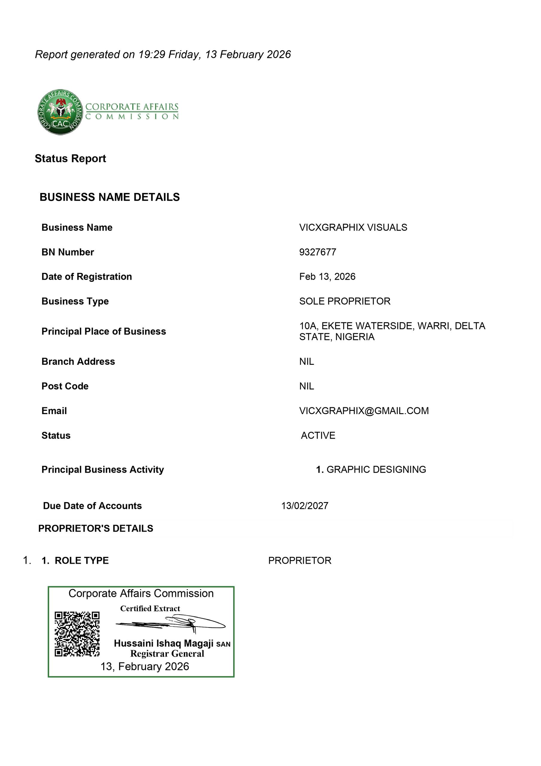 Corporate Affairs Commission Status Report